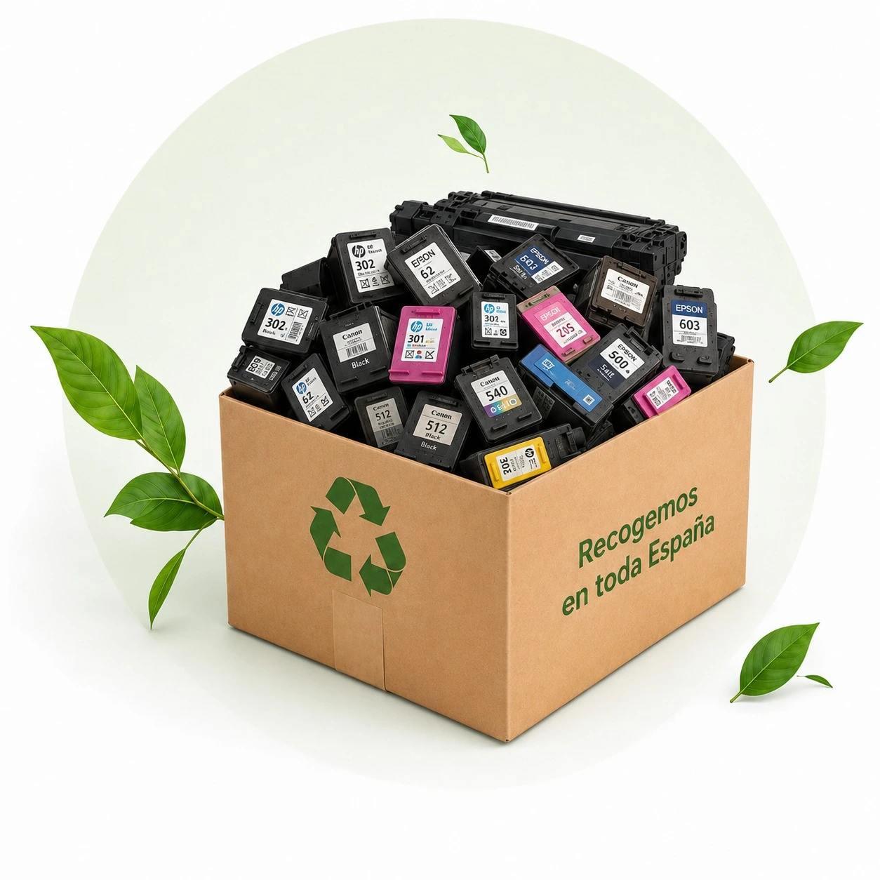 Cartuchos y toner en una caja de reciclaje con recogida, revision profesional y pago rapido.